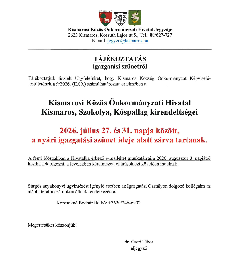 nyari igazgatasi szunet 2026